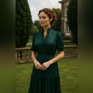 Max Studio Green Maxi Dress Small Sheer Polka Dot Lace Trim Romantic Cottagecore